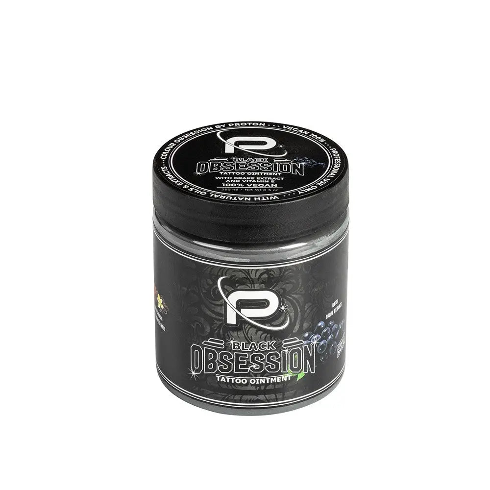 Proton colours obsession tattoo butter in a sleek black jar with silver accents and ornate label design 250ml