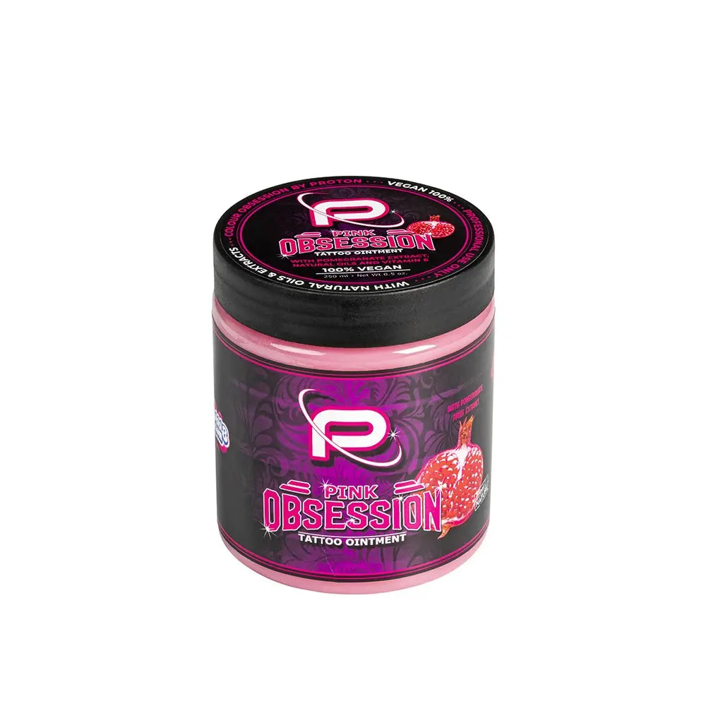 Proton colours obsession tattoo butter 250ml in vibrant pink and black jar with bold branding and pomegranate design