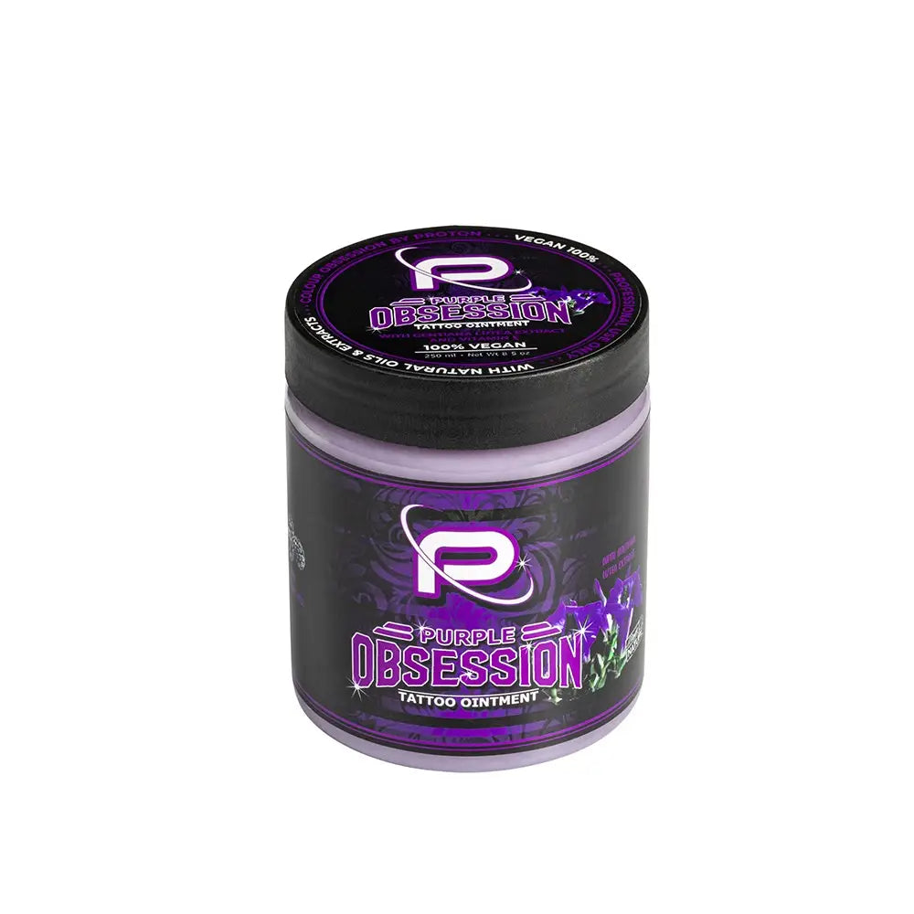 Purple obsession tattoo ointment in a black and purple jar with bold branding for natural tattoo care 250ml