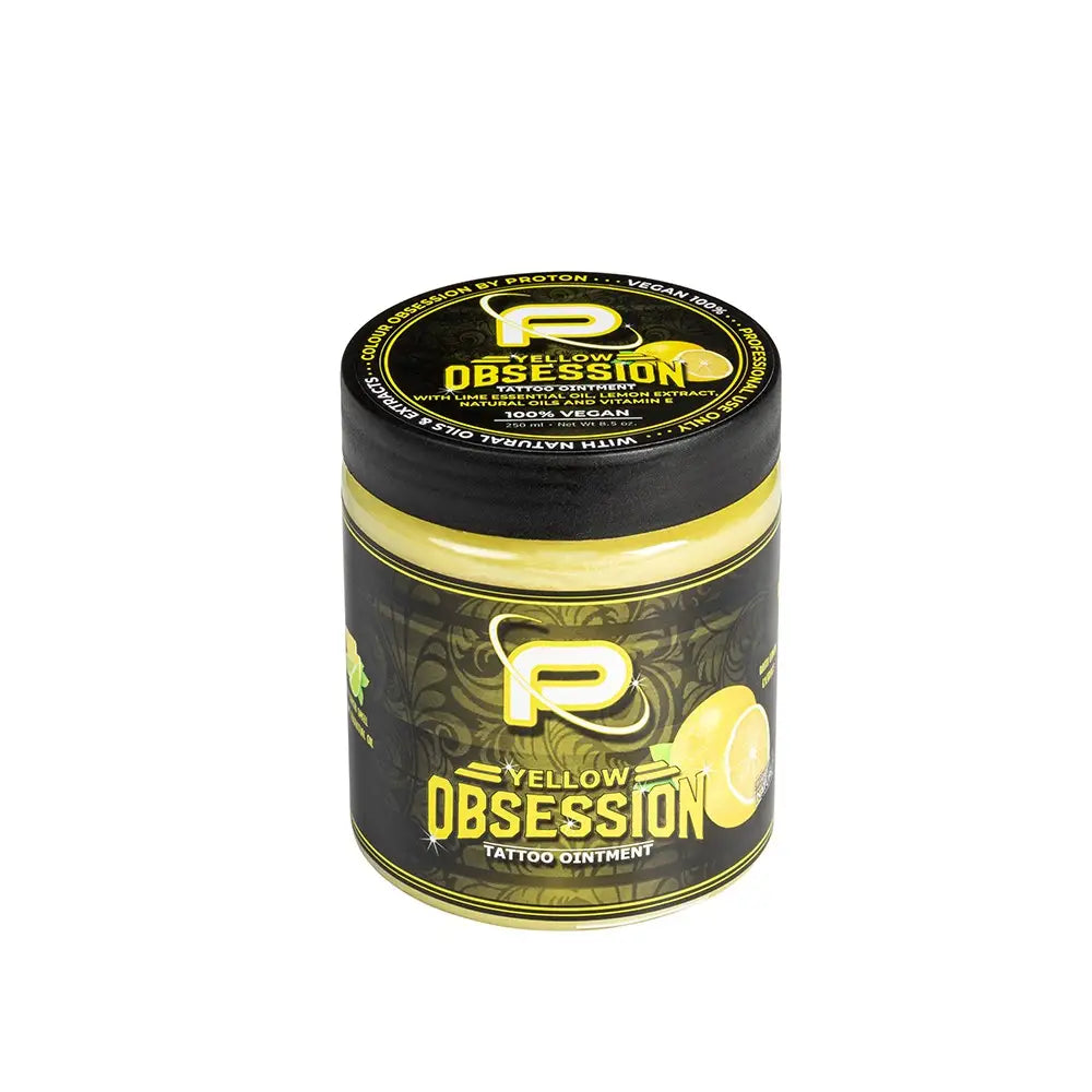 Yellow obsession tattoo butter in a black jar with gold lettering and lemon design by proton colours obsession 250ml