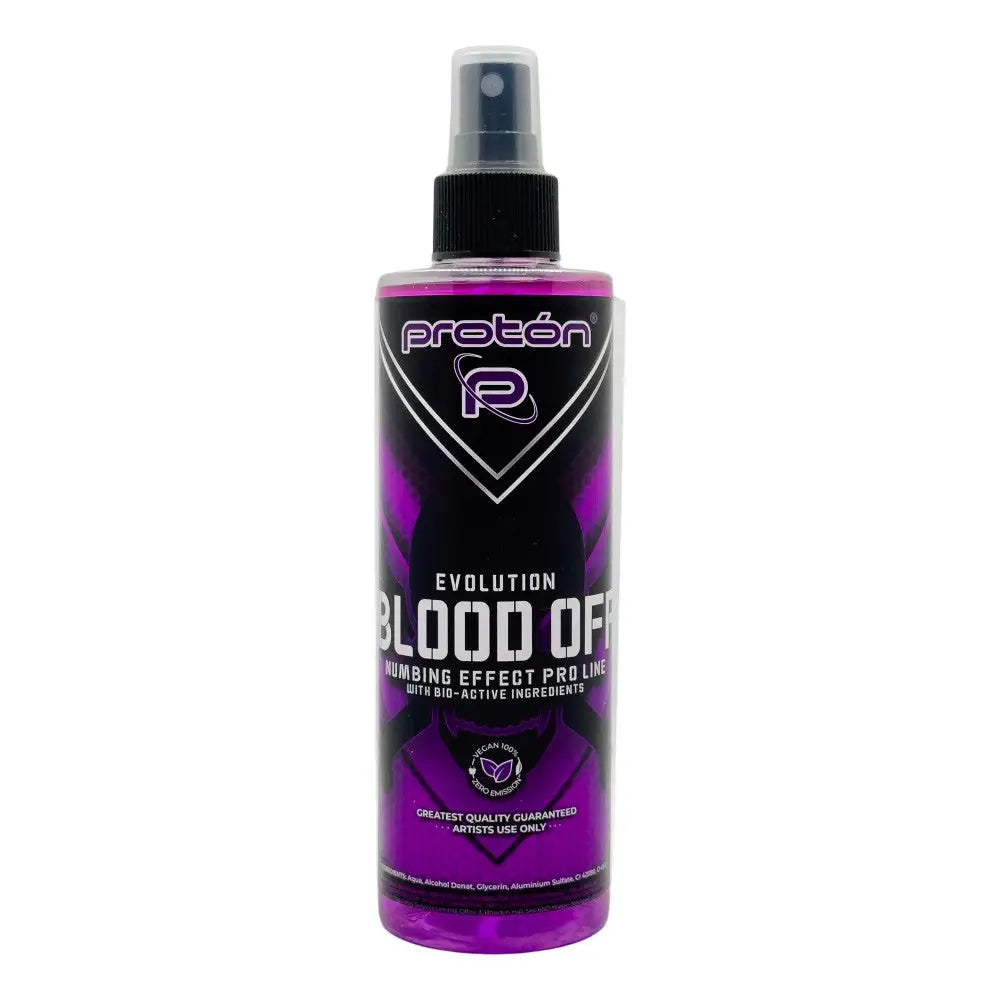 Purple proton evolution blood off pro line 250ml spray bottle with black pump and numbing effect label