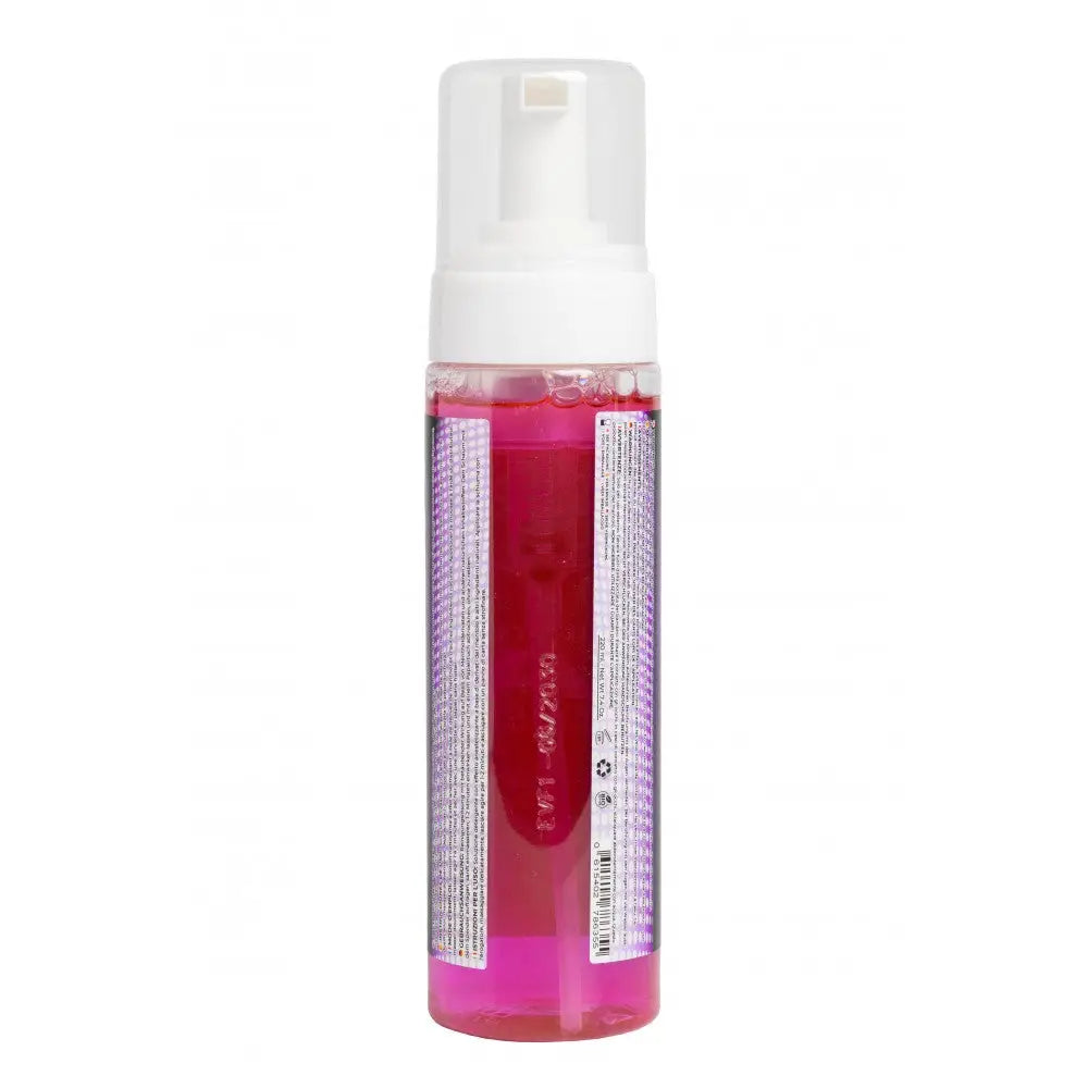 A clear plastic bottle with a white pump filled with vibrant pink foam numbing effect liquid from proton evolution pro line
