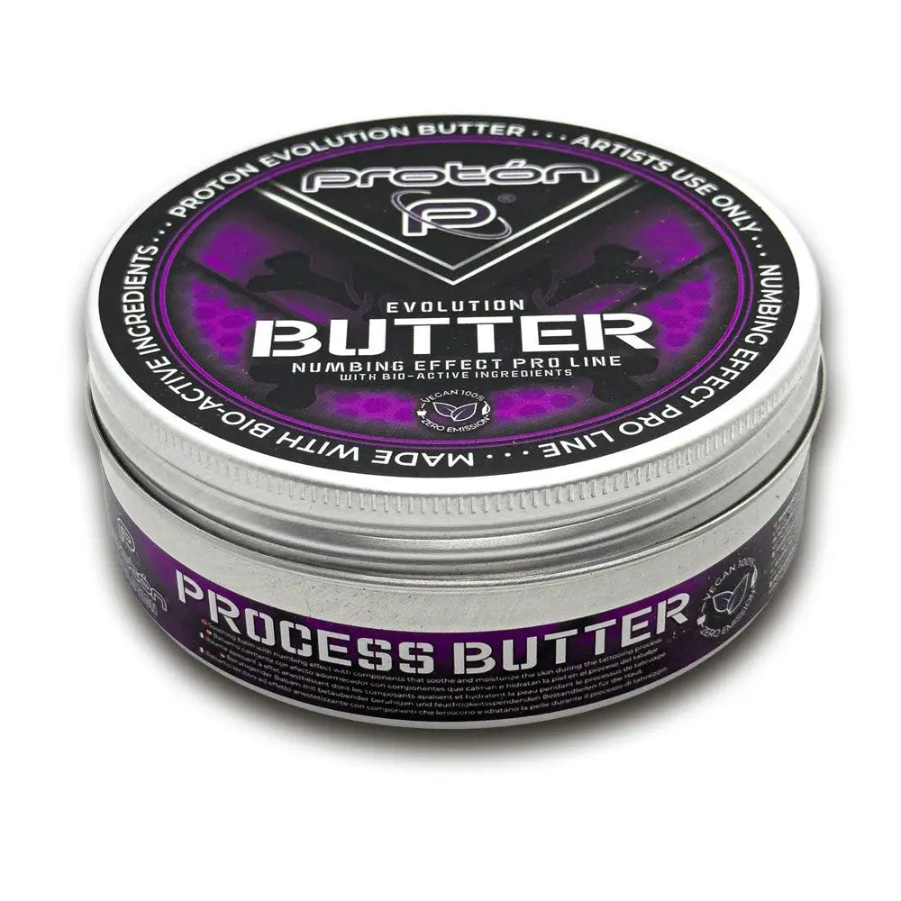 Silver tin container of Proton Evolution process butter with purple and black label featuring numbing effect 250ml