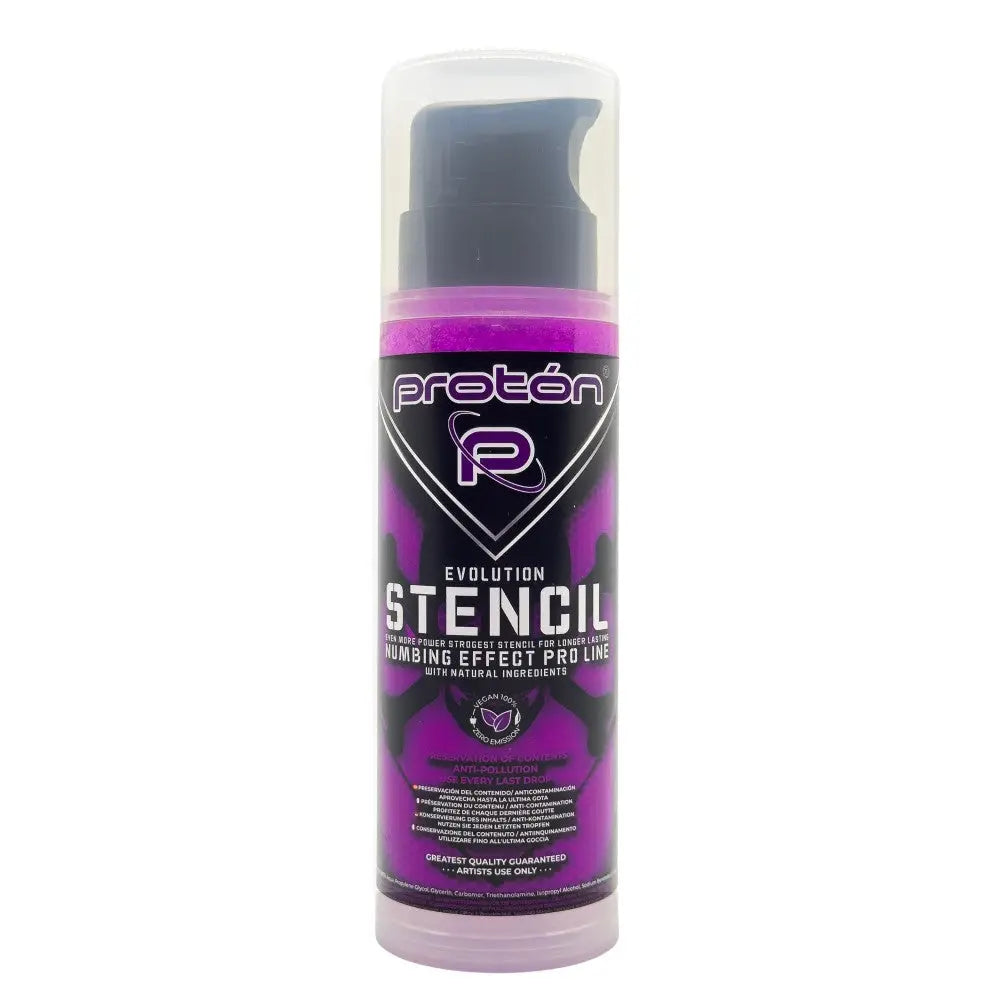 Purple proton evolution pro line gel in a clear pump bottle for professional stencil numbing primer 250ml