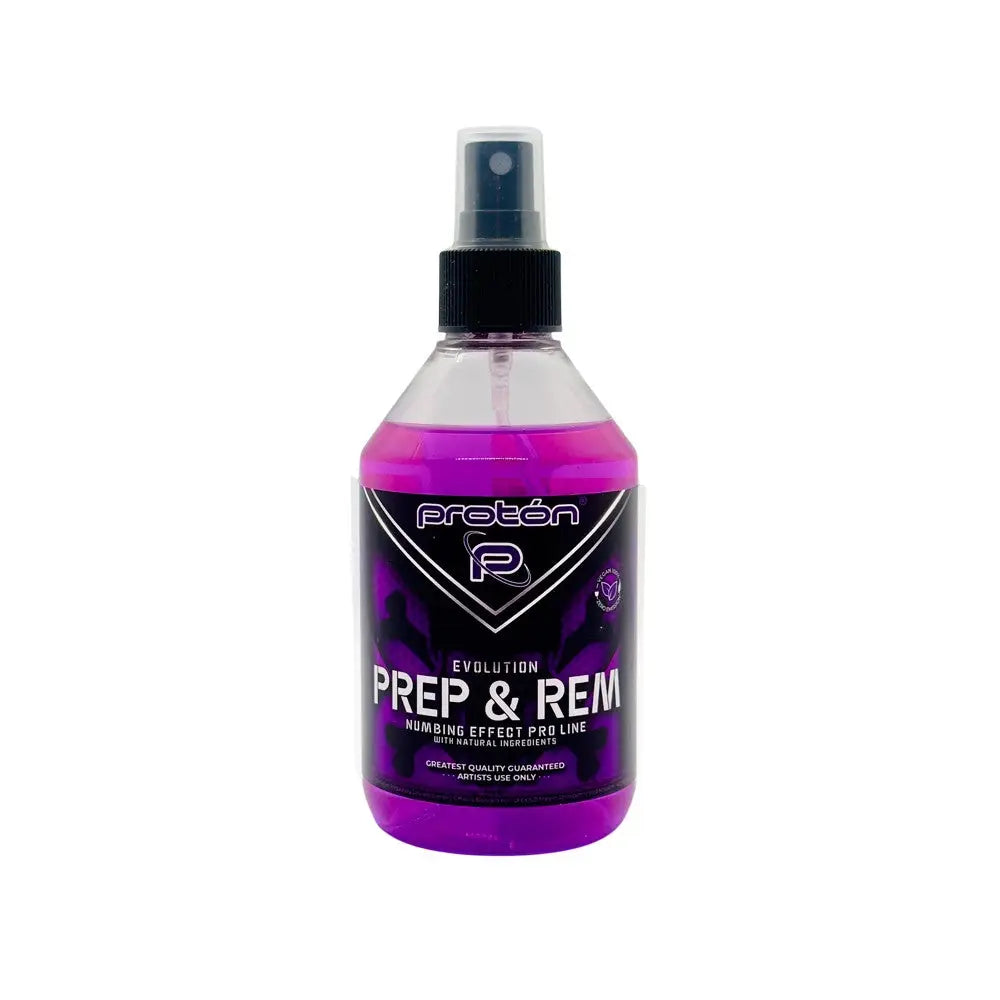A purple liquid-filled spray bottle with black nozzle labeled proton evolution prep and rem stencil prep and remover 250 ml