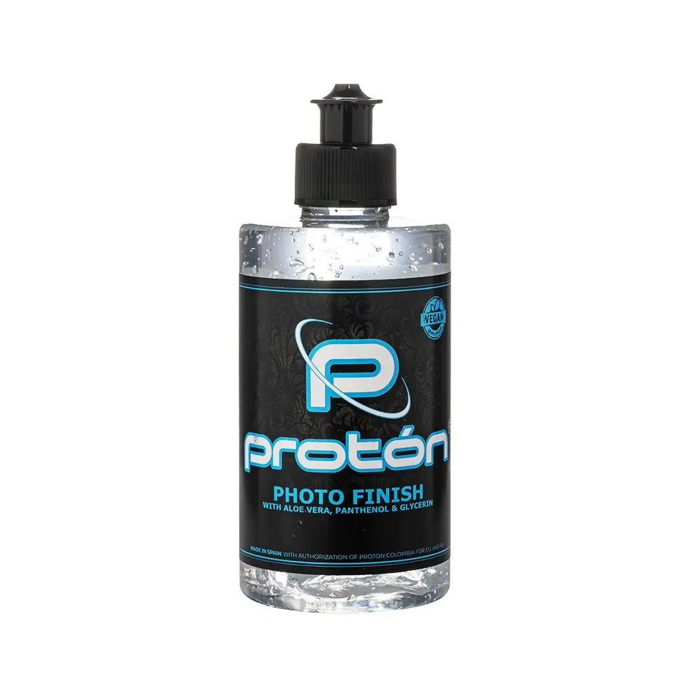 Clear plastic bottle with black pump dispenser containing transparent liquid labeled proton photo finish 200ml