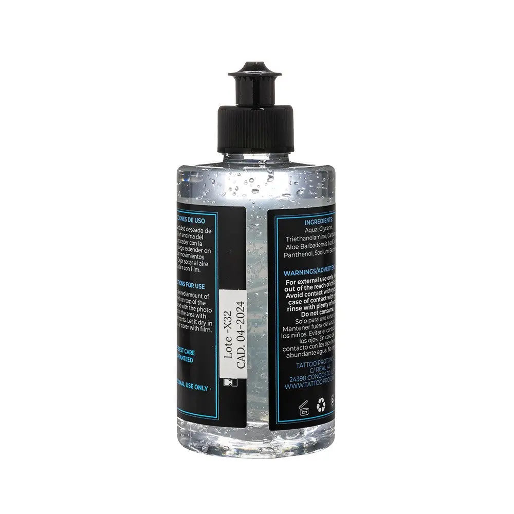 Clear plastic bottle with black pump dispenser containing transparent gel labeled proton photo finish 200ml