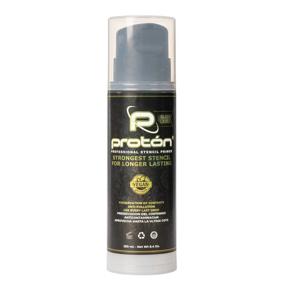Proton professional stencil primer black label airless system in a clear plastic 250ml bottle with gray pump dispenser