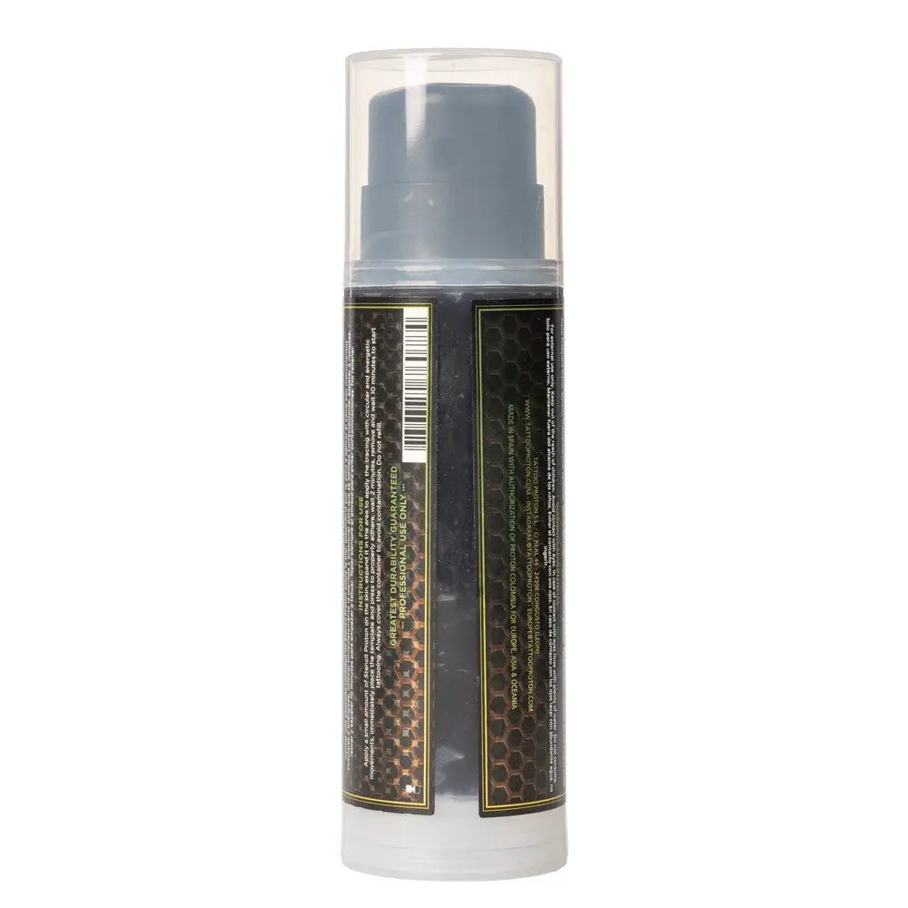 A sleek black and gold honeycomb patterned proton professional stencil primer spray bottle with translucent cap 250ml