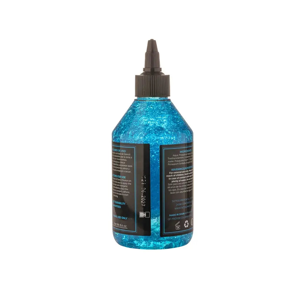 A translucent blue gel bottle with a dark brown screw-top cap for proton professional stencil primer 250ml