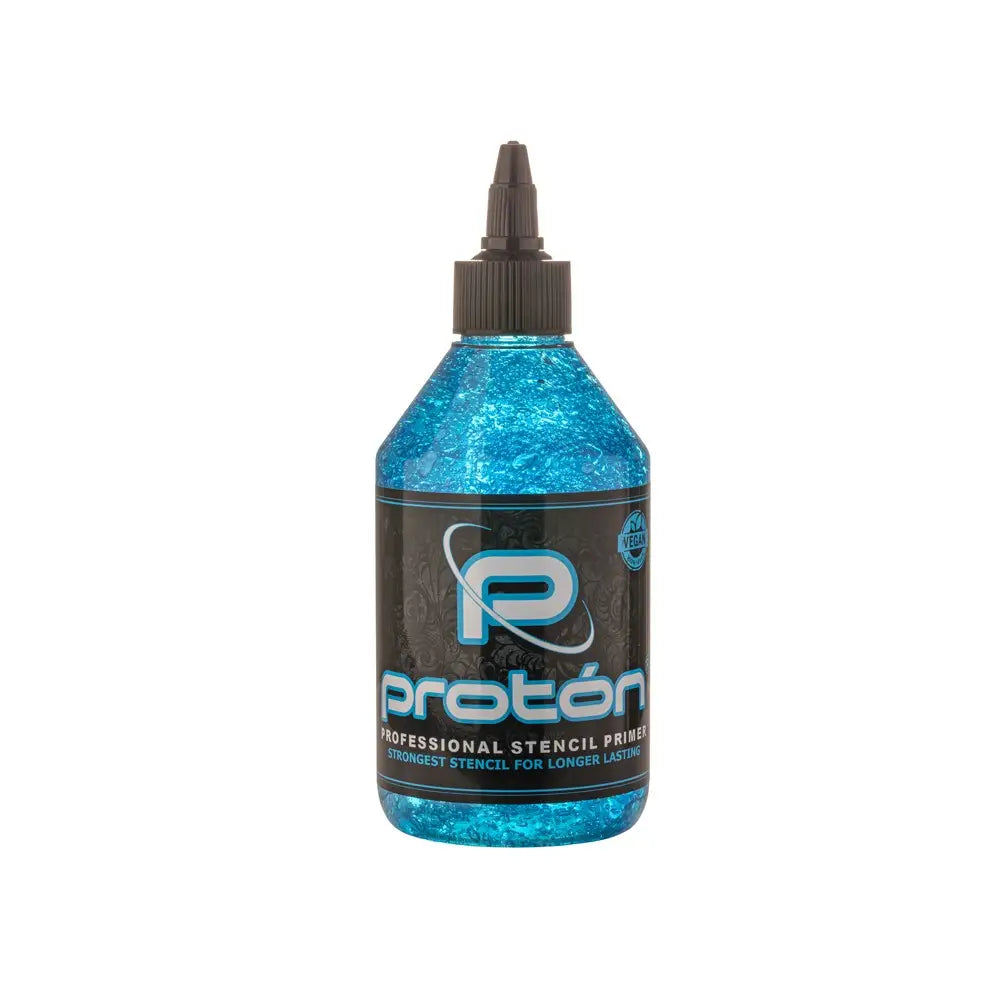 A vibrant blue glittery professional stencil primer in a clear plastic bottle with a dark brown cap labeled proton