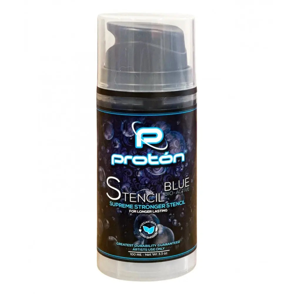 Proton professional stencil primer blue airless system in a sleek black and teal bio-active pump bottle with transparent cap