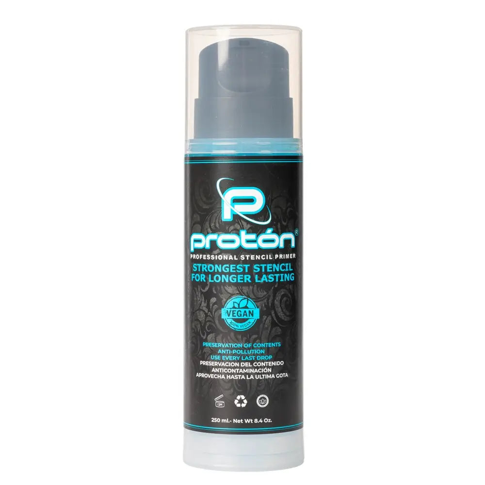 Proton professional stencil primer in a blue sleek black and teal bottle with gray pump airless system dispenser