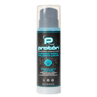Proton professional stencil primer in a blue sleek black and teal bottle with gray pump airless system dispenser