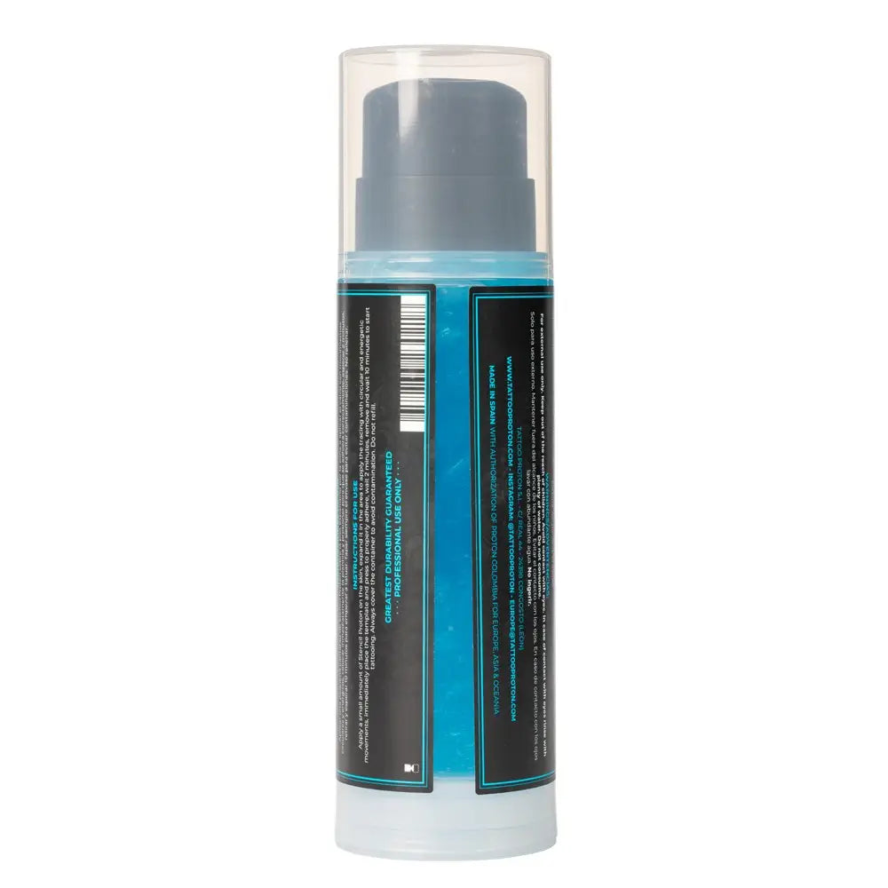 A sleek transparent cylindrical bottle with a dark gray pump containing vibrant blue proton stencil primer
