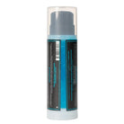 A sleek transparent cylindrical bottle with a dark gray pump containing vibrant blue proton stencil primer