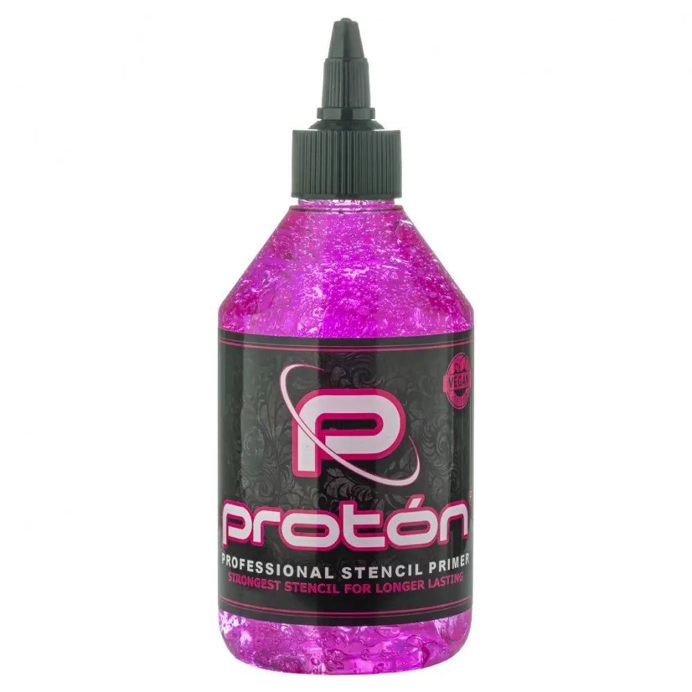 A vibrant pink translucent gel professional stencil primer in a clear plastic 250ml bottle with black cap labeled Proton
