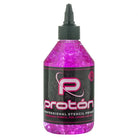 A vibrant pink translucent gel professional stencil primer in a clear plastic 250ml bottle with black cap labeled Proton