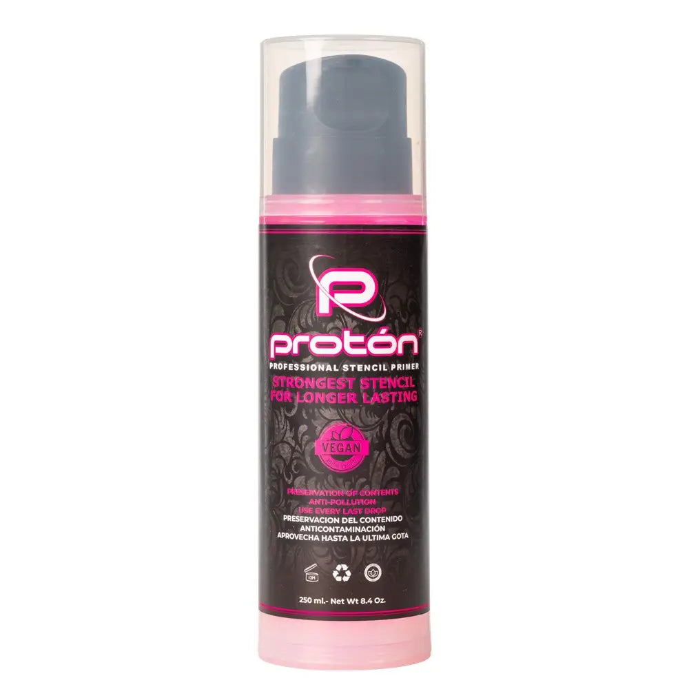 Pink and black cylindrical bottle of proton professional stencil primer with gray pump dispenser for airless system use