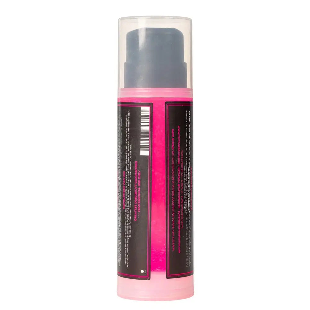 Pink cylindrical proton professional stencil primer bottle with black pump and dark pink label with white text