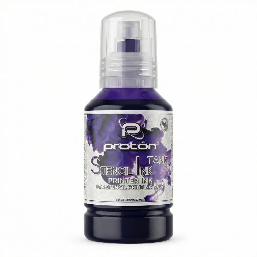 A sleek dark purple proton stencil ink tank with floral label and clear plastic spray nozzle for printer stencils 127ml