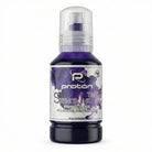 A sleek dark purple proton stencil ink tank with floral label and clear plastic spray nozzle for printer stencils 127ml