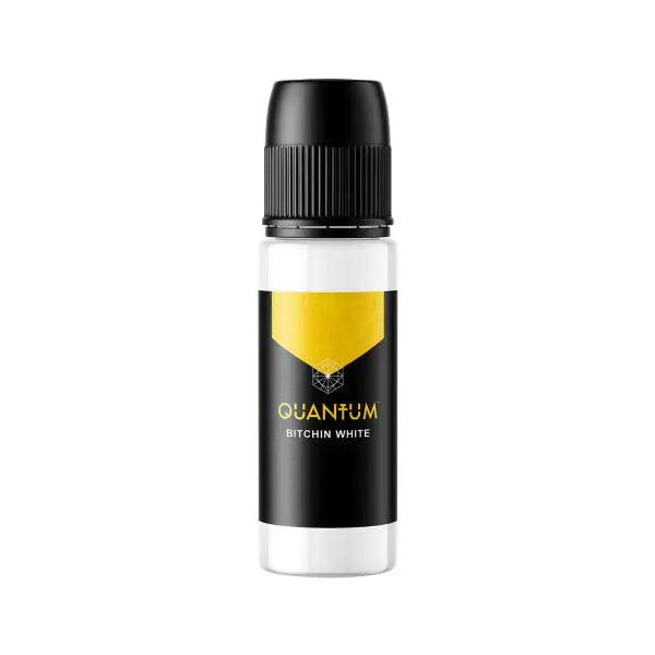Quantum bitchin white e-liquid in a sleek white 30ml bottle with a black ribbed cap and bold yellow gold label