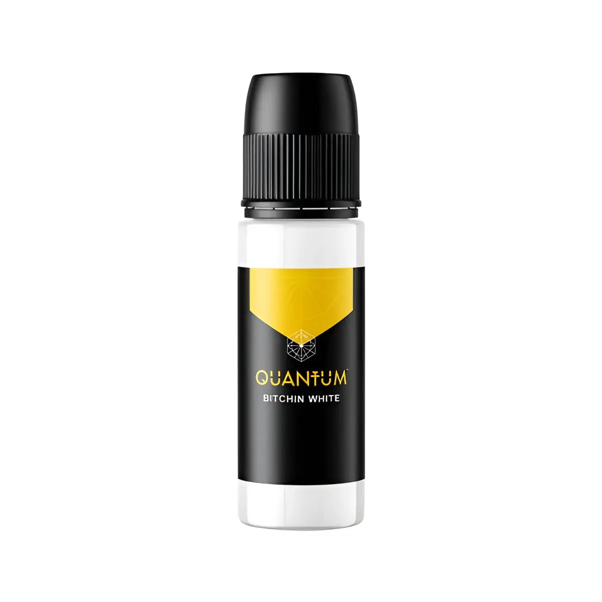 E-liquide quantum blanc incroyable dans une élégante bouteille blanche de 30ml avec un bouchon noir strié et une étiquette jaune or audacieuse