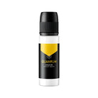Bouteille de e-liquide quantum blanc éclatant avec élégant bouchon noir et étiquette dorée aux accents jaunes vifs