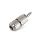 Silver metallic quick lock grip bicycle valve core tool with textured grip and threaded ends made of 316 l stainless steel