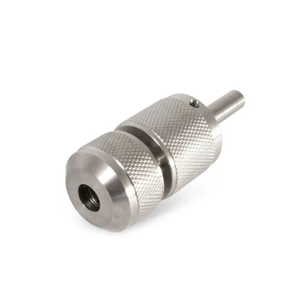 Silver metallic quick lock grip tattoo machine grip with textured knurled surfaces and threaded end made of 316 l stainless steel