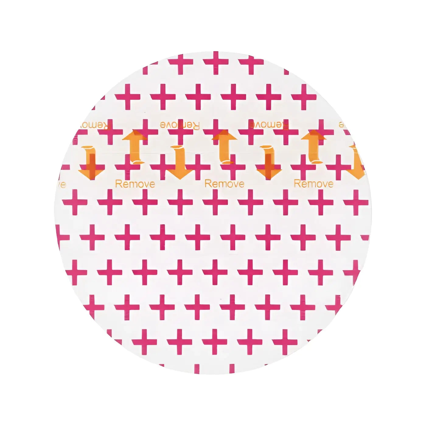 Ein runder Klebeaufkleber von recovery areola shield tattoo film mit pinken Pluszeichen, orangefarbenen Pfeilen und goldenem Remove-Text