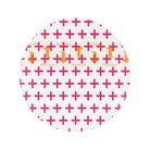 Ein runder Klebeaufkleber von recovery areola shield tattoo film mit pinken Pluszeichen, orangefarbenen Pfeilen und goldenem Remove-Text