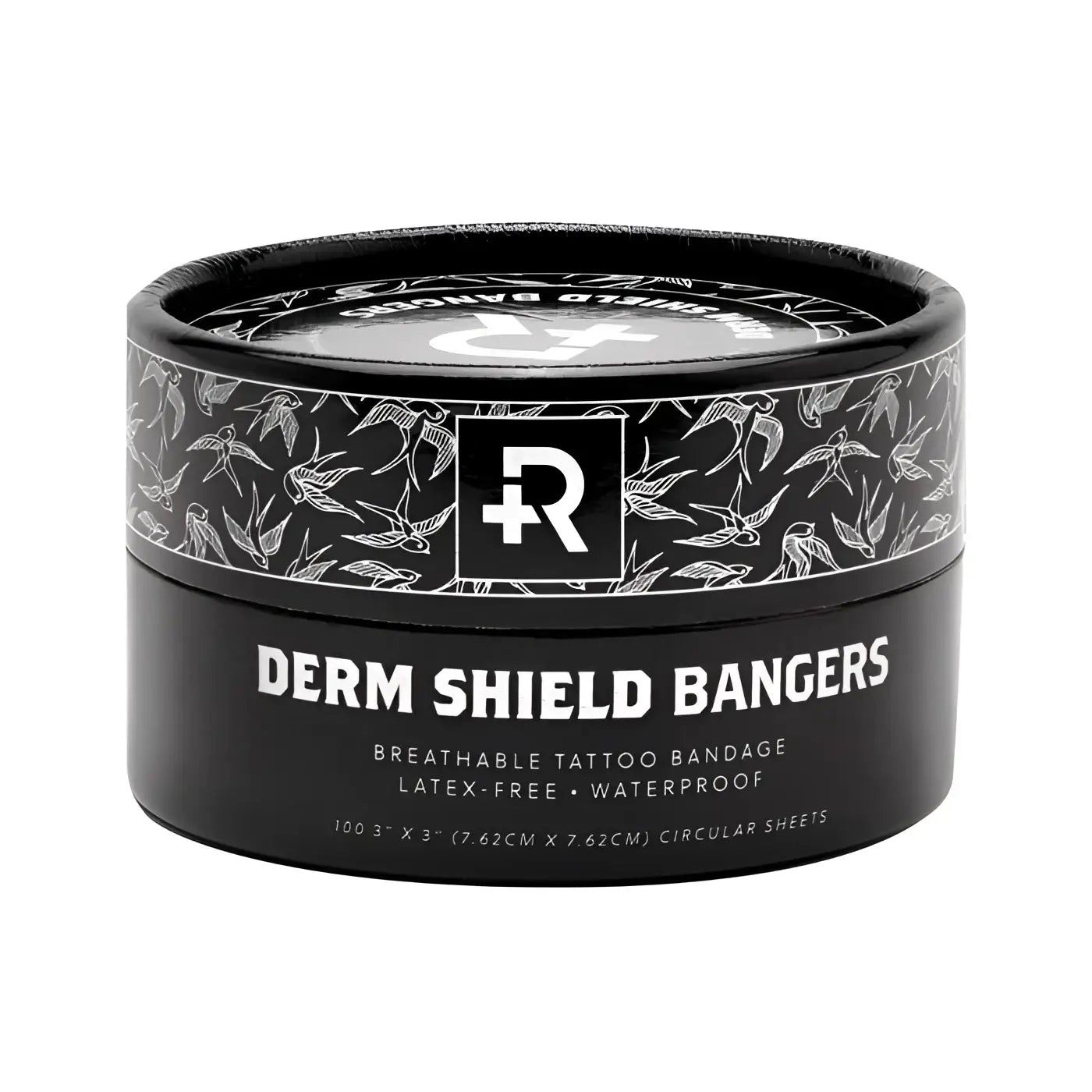 alt
Schwarzer zylindrischer Behälter mit weißen Schwalbenillustrationen und r-Logo, der atmungsaktive Tattoo-Verbandfolien von derm shield bangers hält