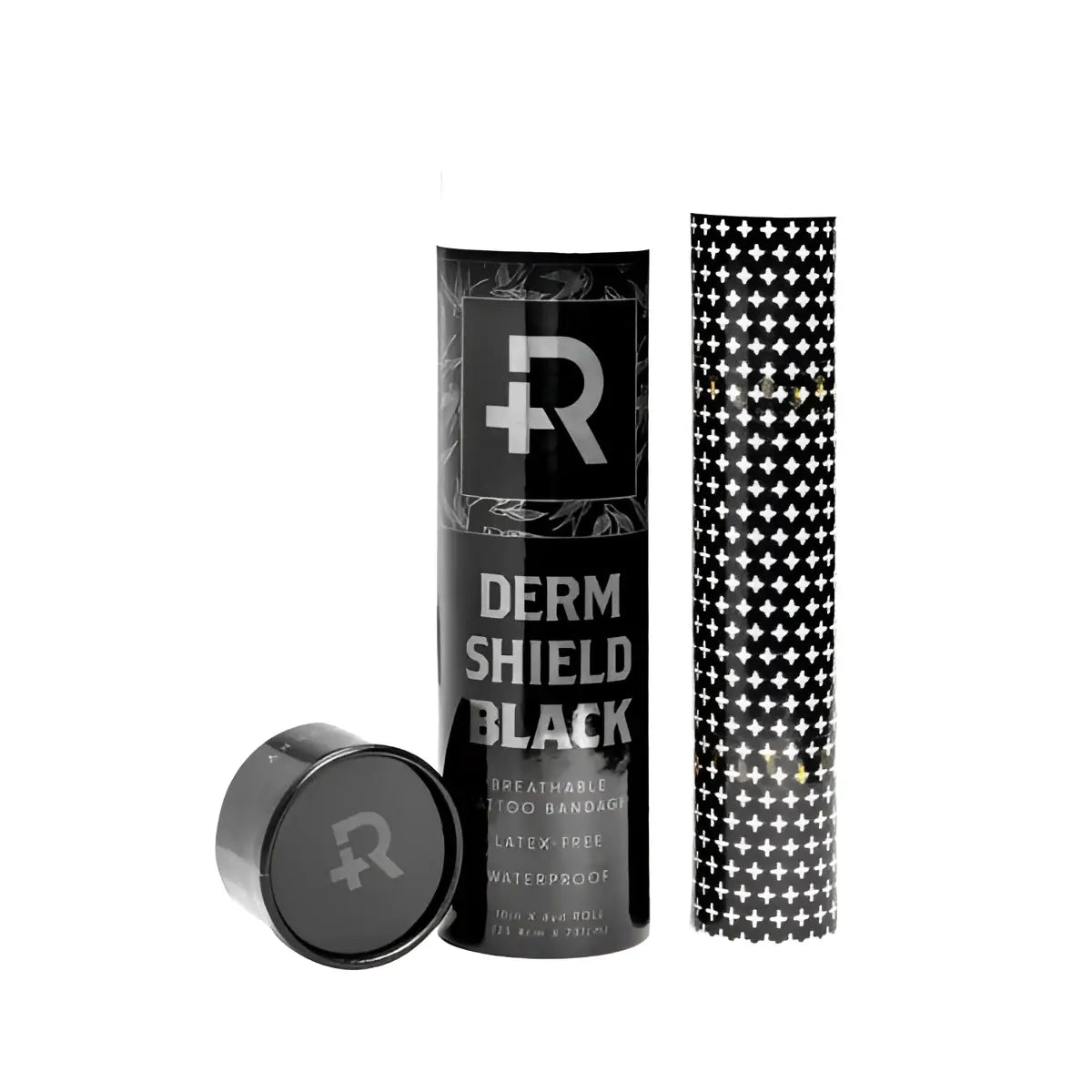 Schwarze zylindrische tube von Derm Shield, atmungsaktiver Tattoo-Verband mit passendem Deckel und gemusterter Rolle für recovery-Zwecke