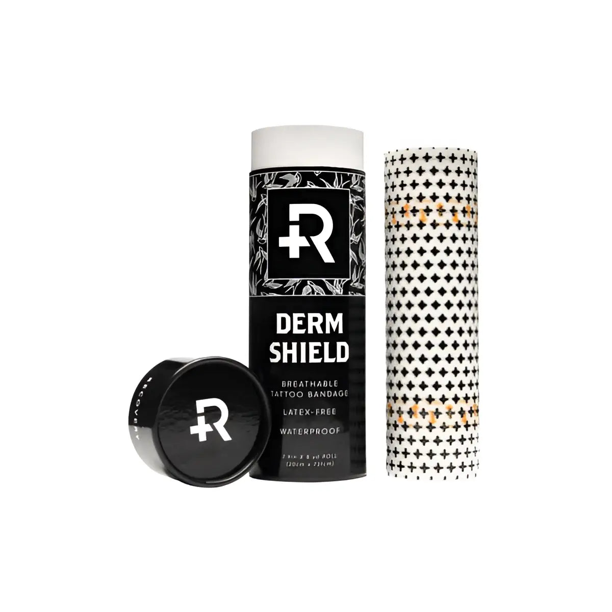 Schwarzer zylindrischer Behälter mit weißem Logo, der eine Rolle atmungsaktiven transparenten Derm-Shield-Tattoo-Verbandes für recovery enthält