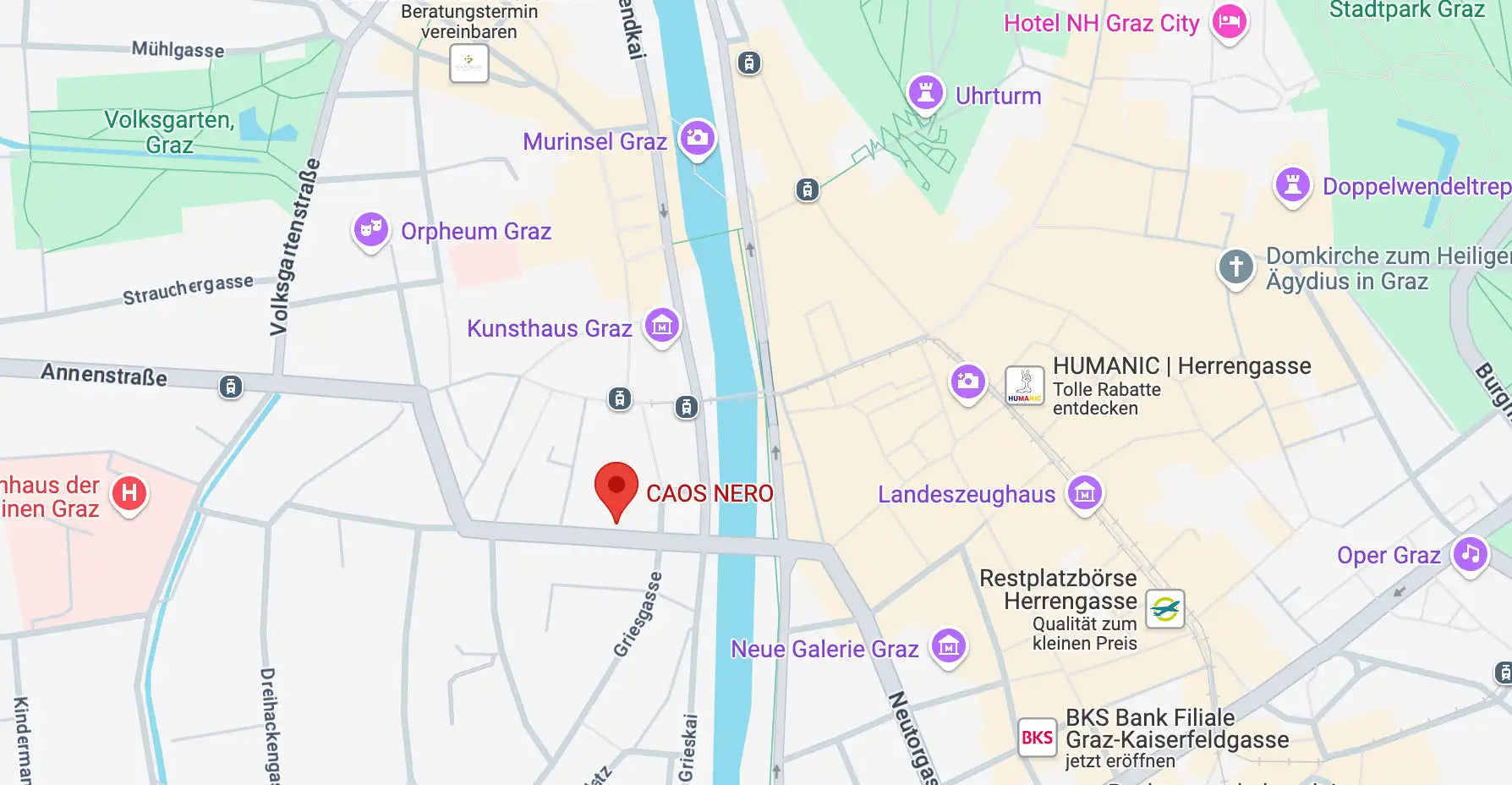 A red map marker pinpointing the location of caos nero in graz, austria.