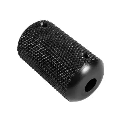 Ronnie starr acetol knurled grip is a black textured cylindrical grip with smooth rounded end and two small side holes