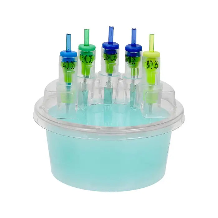 Clear plastic container holding five colorful syringe-like cartridge cups with blue green and yellow caps for saferly use