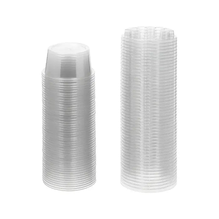 Two stacks of clear plastic disposable cartridge cups in different sizes by saferly 50pcs pack