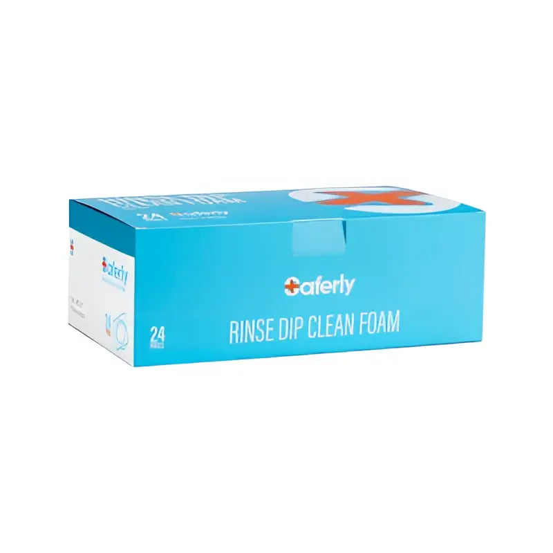 Blaue rechteckige Box mit SAFERLY-Spülkappen mit Schaum, 24 Stück, mit weißer Schrift und rotem Kreuzlogo