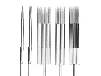 Set of six stainless steel tattoo needles with varying tip designs and lengths.