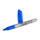 Blue sharpie fine point permanent marker with a 1mm tip and silver barrel and cap for precise writing and drawing