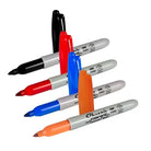 A set of sharpie fine point 1mm markers in vibrant black red blue and orange with silver barrels