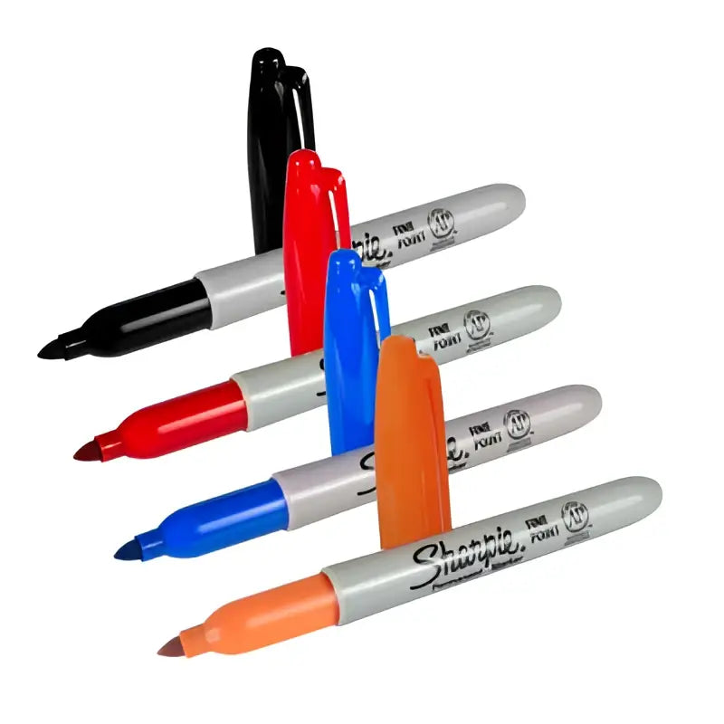 A set of sharpie fine point 1mm markers in vibrant black red blue and orange with silver barrels