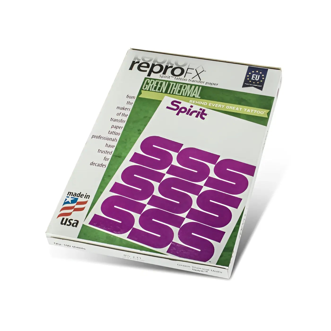 Eine Schachtel reprofx spirit grünes Thermo-Tattoo-Transferpapier mit fetter violetter SSS-Schrift für die Thermokopie