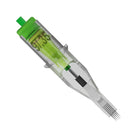 Clear plastic green capped tattoo needle cartridge with internal green ink reservoir marked 91.35 for curved magnum use