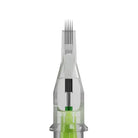 Clear plastic stelllar 2.0 curved magnum tattoo cartridge with green internal component and fine metal needle tips