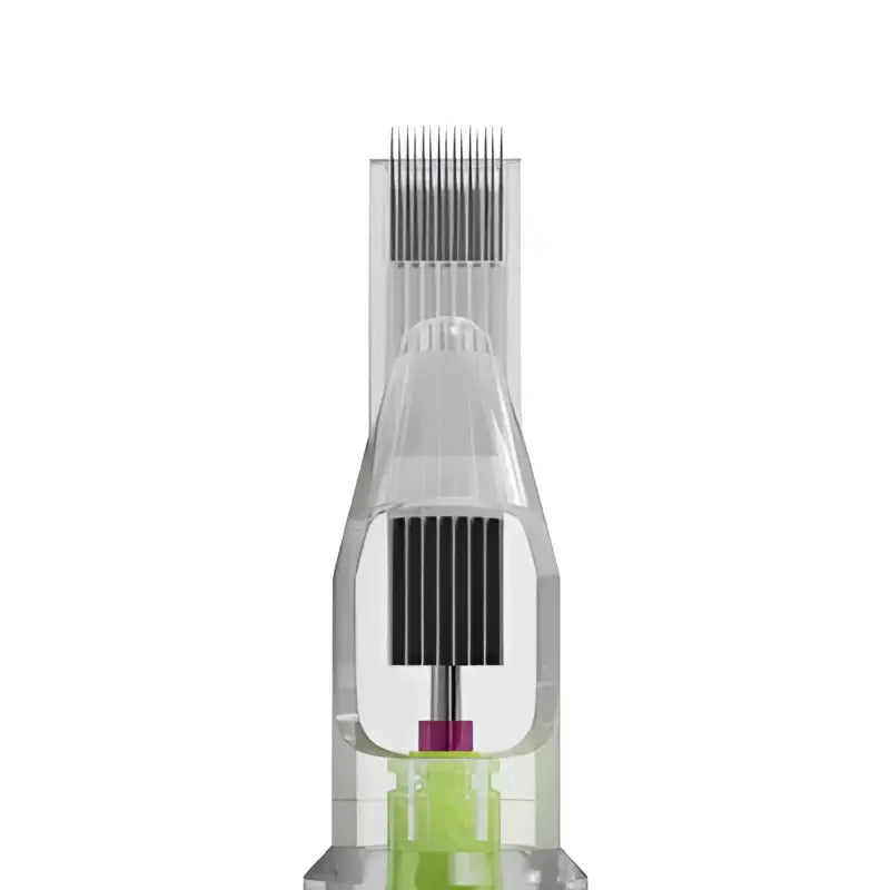 Stellar 2.0 clear plastic magnum tattoo needle cartridge with black internal mechanism and green base