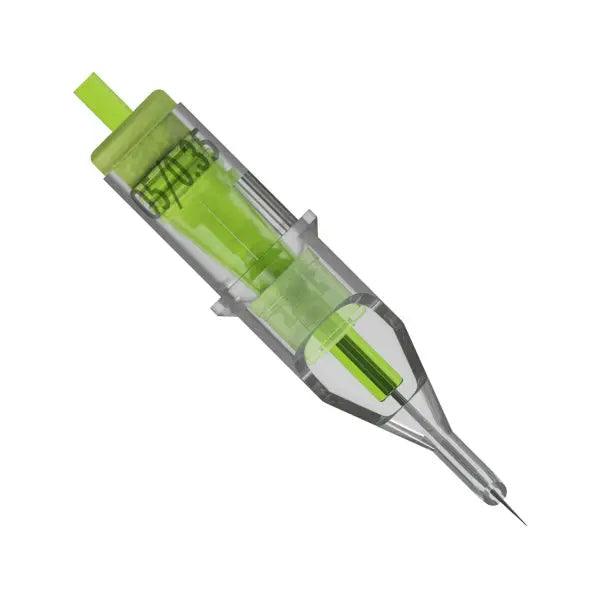 Stellar 2.0 round liner tattoo cartridge with green transparent body and metallic needle tip for precise inking